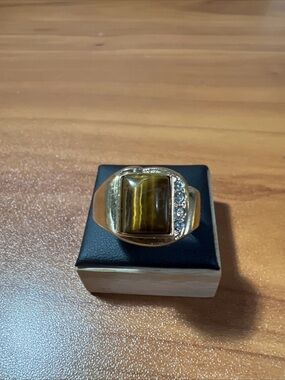 Vintage 18k GE Tigers Eye Mens Classic Signet Ring Size 11